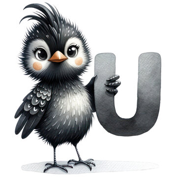 watercolor illustrations of cute Umbrellabird holding the letter'U'