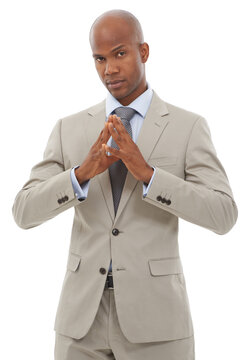 Portrait, corporate fashion or black man confident in professional suit, studio outfit or formal clothes. Business attire, style or serious African agent with Hakini Mudra gesture on white background