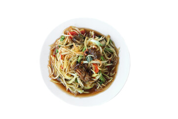 Dish of papaya salad mixed with crab and fermented fish or 