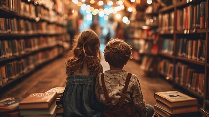 A boy and a girl sitting on the floor of a cozy library, surrounded by stacks of book - obrazy, fototapety, plakaty