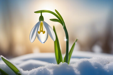 Snowdrop flowers in the snow. Primroses in the forest on a sunny day. Postcard for the March holidays.