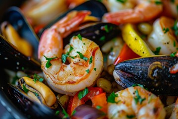 Macro shot of a fresh seafood dish, highlighting the textures and colors of shrimp, scallops, and mussels