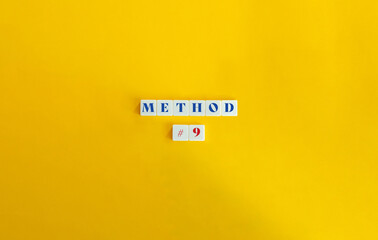 Method 9 Banner and Background Image. Block Letter Tiles on Yellow Background. Minimalist Aesthetic.