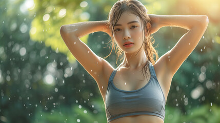 a young asian woman wearing sportswear in the park, Exercise in the rain