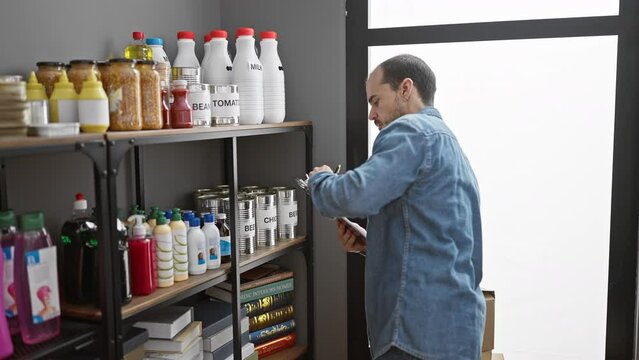 A bald man with a beard in a denim shirt taking inventory in a storeroom with shelves of goods and books.