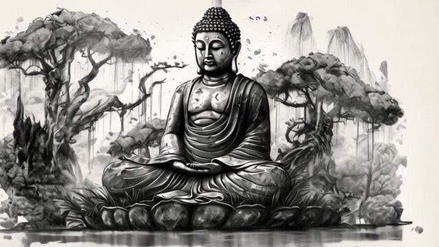 Chinese ink painting of the Buddha meditating over river Generative AI 
