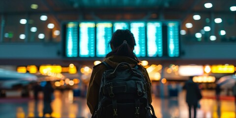 Silhouette of traveler in international airport looking at flight schedules for checking take off time. - obrazy, fototapety, plakaty