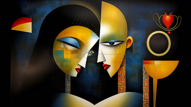 A stylized, modern art depiction of two faces in profile, with abstract elements and rich textures against a dark, mysterious background.Art concept. AI generated.