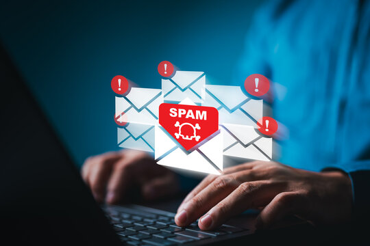 Cyber security awareness, suspect emails alert on virtual screen, e-mail inbox with spam virus message caution sign for threat notification. Harmful, Trash and junk mail, Spam mail pop-up warning.