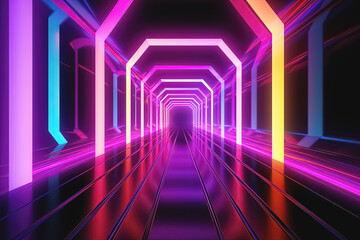 Futuristic corridor with glowing neon lights. Generative Ai