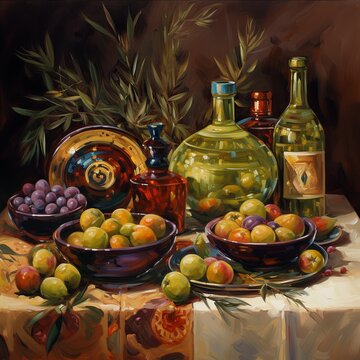 A painting of a table topped with bowls of fruit