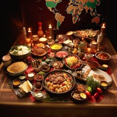 A table full of food with a world map in the background