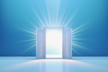 Opened door in blue room with rays of light. Generative Ai