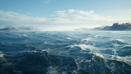 An expansive of a vast open sea, stretching to the horizon with no land in sight, under a clear blue sky -Generative Ai