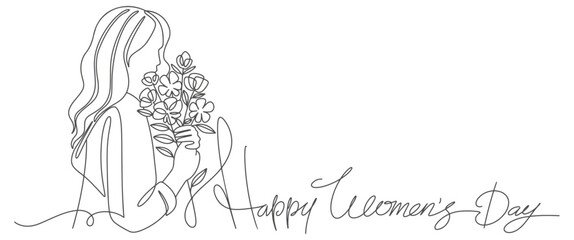 Happy Women Day greeting card illustration. line art style drawing diverse woman . Young girl team together for march 8th international womens event. Vector illustration.