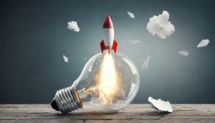 foguete partindo de dentro de uma lâmpada, crescimento a partir de ideias, negócios