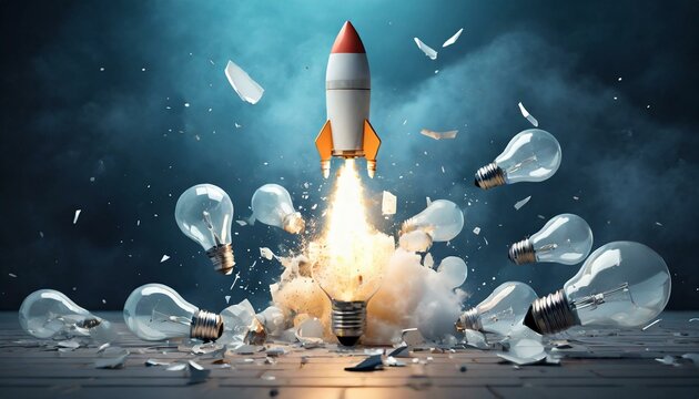 foguete partindo de uma base cheia de l&acirc;mpadas, crescimento a partir de ideias, neg&oacute;cios