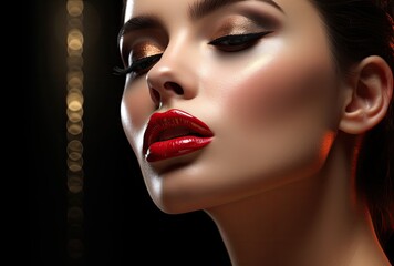 A young woman captured from above, her mouth slightly ajar and eyes closed in an expression of ecstasy. Enhanced with bold fashion, striking makeup, glossy red lipstick - obrazy, fototapety, plakaty