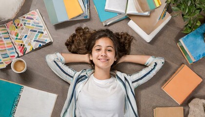 estudante deitada no quarto com braços abertos e livros ao redor, crescimento e educação - obrazy, fototapety, plakaty