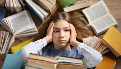 estudante sobrecarregada de lição, deitada com mãos na cabeça e livros ao redor, crescimento e educação - obrazy, fototapety, plakaty