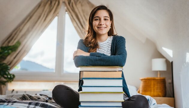 estudante sobre uma pilha de livros, sorrindo, educa&ccedil;&atilde;o e estudos