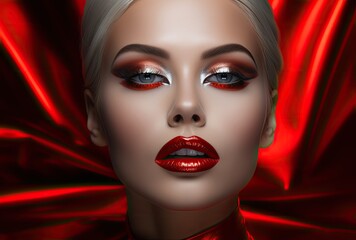 A young woman captured from above, her mouth slightly ajar and eyes closed in an expression of ecstasy. Enhanced with bold fashion, striking makeup, glossy red lipstick