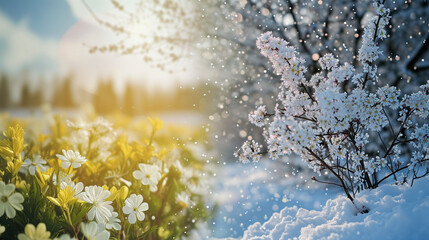 Beautiful spring flowers in the snow. Nature background with white flowers.