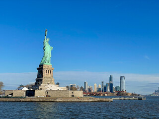 New York, New York – January 11, 2024: the view of the Statue of Liberty from the ferry boat with...