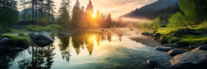 Tranquil scene of a panoramic landscape with sunset and sky over idyllic lake and river with reflection