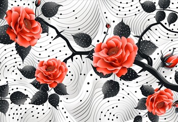 wallpaper with red roses on a white background, in the style of spirals and curves, dark white and dark black, realistic hyper-detail, glass and ceramics, dotted, 32k uhd.