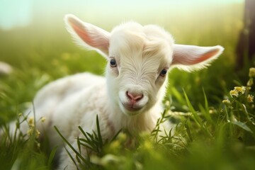 Naklejka na ściany i meble baby goat eating grass