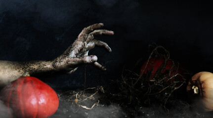 Happy Halloween. A hand stained in the ground reaches up, roots of plants and pumpkins in the...