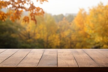 Naklejka na ściany i meble wooden table with autumn leaves