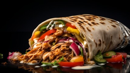 An extreme close-up of a loaded chicken shawarma wrap with fresh vegetables and a drizzle of tahini sauce -Generative Ai - obrazy, fototapety, plakaty