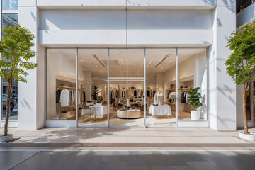 Sleek modern boutique with clear glass windows, showcasing stylish apparel in an urban shopping mall setting.