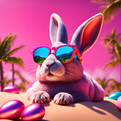 Easter bunny rabbit with sunglasses in bright friendly colors at the beach.