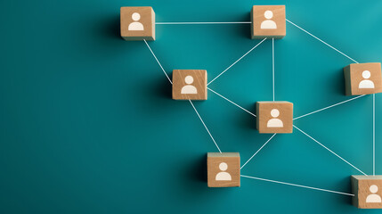 Connected Community, Wooden Blocks Symbolizing Network of Social Connections on Teal Background