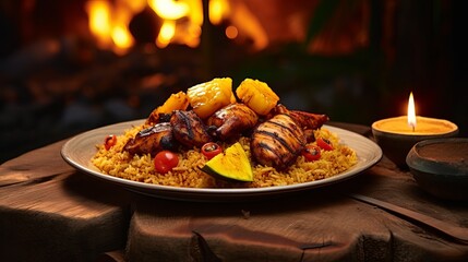 west african meal made of orange-red cooked rice with tomatoes, onions, peppers, and garnished with ripe plantain and chicken on it, served in african traditional plate - obrazy, fototapety, plakaty