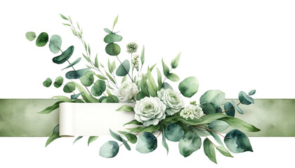 Watercolor of green floral banner with eucalyptus leaves on white background