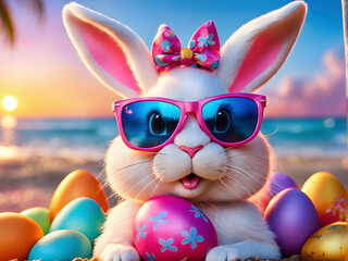 Female Easter bunny rabbit with sunglasses in bright friendly colors at the beach.