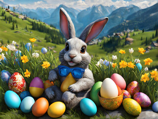 Easter bunny rabbit with sunglasses in bright friendly colors in mountains.