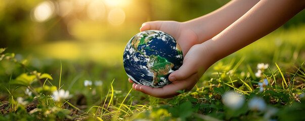 Child Embracing Earth Hope for the Future,Warm sunset illuminating a child's hands gently cradling a detailed globe, amidst of lush greenery, evoking care for our planet , Environment world earth day