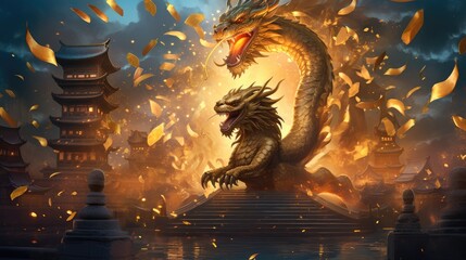 Large golden dragon made of golden coins bring prosperity for dragon year - obrazy, fototapety, plakaty