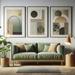 contemporary interior design for 3 poster frames in living room mock up with green couch, wooden pot and floor lamp, template