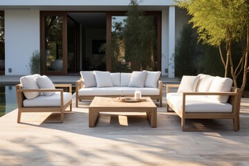 Fototapeta na wymiar Minimalist outdoor patio with comfortable seating and natural greenery