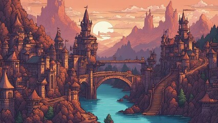 bridge over the river at sunset anime     A pixel art illustration of a fantasy cityscape at dawn with castles,  castle  - obrazy, fototapety, plakaty