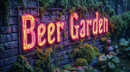 A neon 'Beer Garden' sign outside surrounded by rustic elements - obrazy, fototapety, plakaty