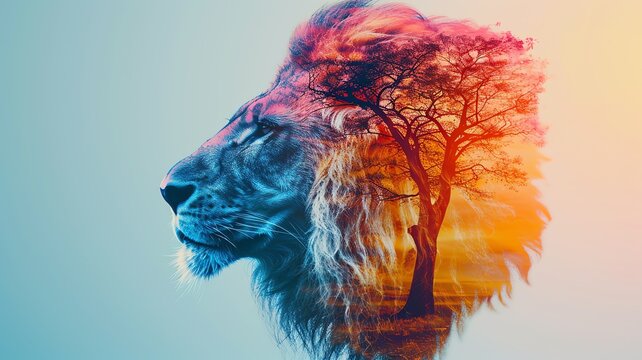 A colorful Lions head in African landscape, Double exposure
