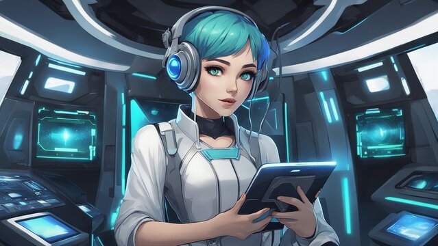 woman in futuristic car anime          A cute young woman with short blue hair and green cybernetic eyes, wearing a white  
