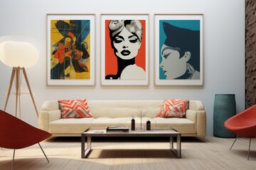 Modern gallery wall with multiple framed mockups, showcasing a variety of art styles and sizes